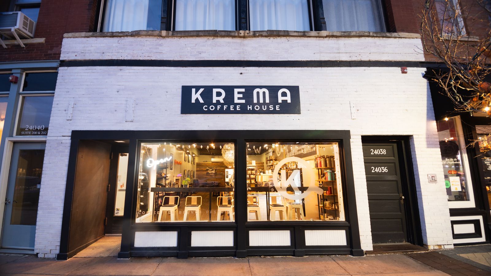 Krema Coffee House storefront on Lockport Street in downtown Plainfield